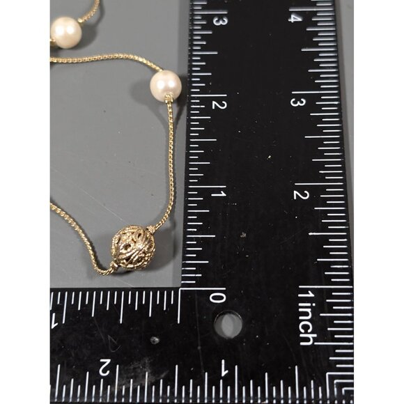 Retro Gold Tone Filigree Ball Faux Pearl Station Chain Long Layering Necklace 36 - Picture 9 of 9